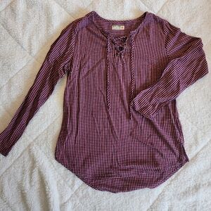 Women's Ruff Hewn Long-sleeve cotton Top burgundy and black gingham Size Medium